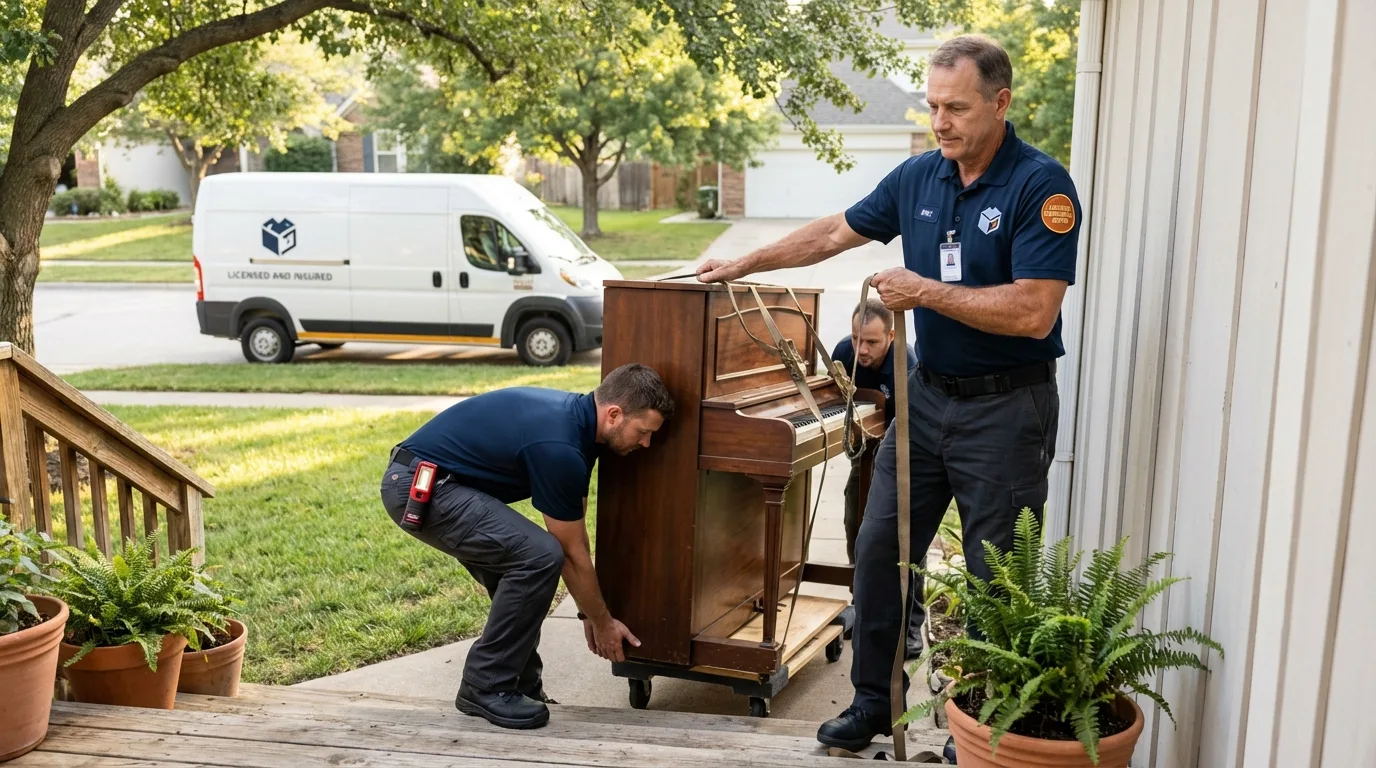 Licensed piano movers securing grand piano in Monterey, VA