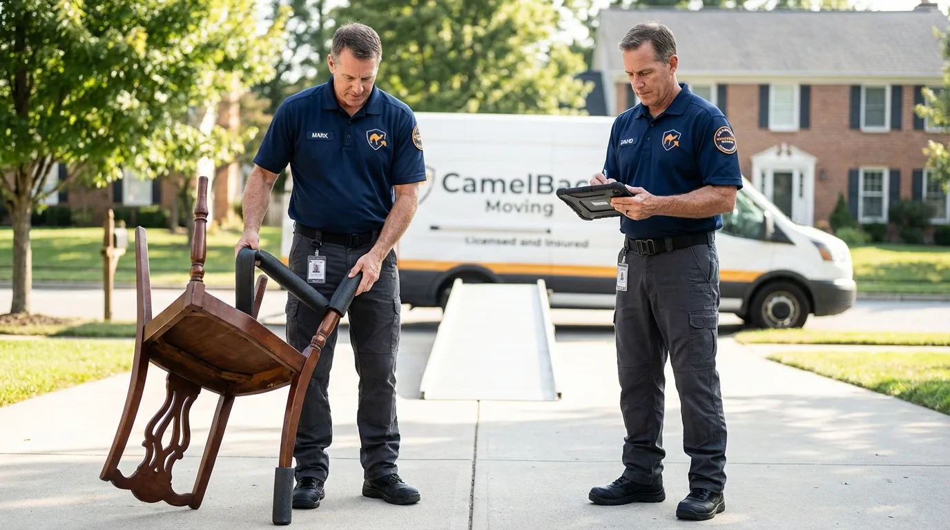 Movers inspecting furniture for damage prevention before loading in Monterey, VA
