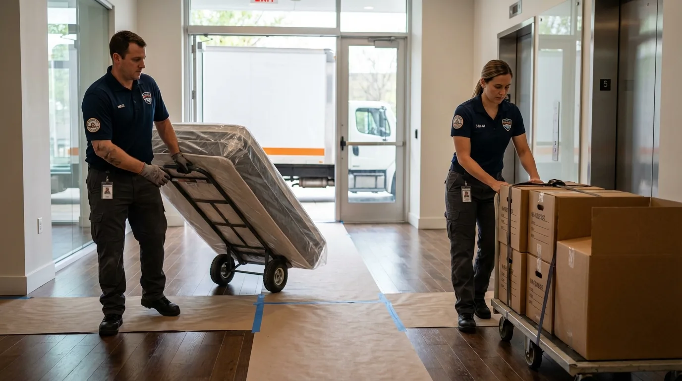 Professional apartment movers loading elevator in Monterey, VA
